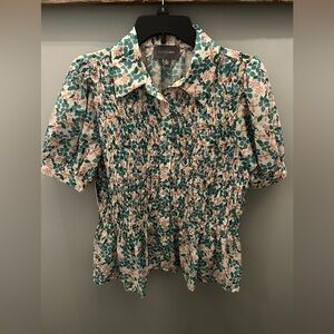 Smocked Floral Button-Up Blouse in Teal and Cream